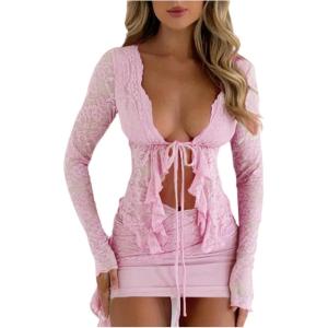 image:imageGORGLITTER Womens Lace Tie Front Tops Mesh Ruffle Bow Long Sleeve See Through Blouse Shirt Dressy Casual 2025Pink