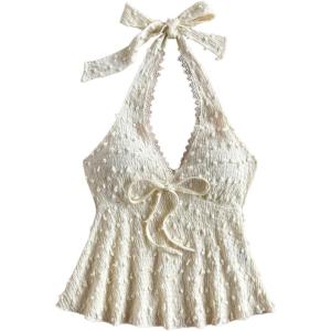 image:imageGORGLITTER Womens Lace Trim Tie Front Going Out Tops Swiss Dots Backless Ruffle Hem Summer Halter Vest Top 2025Apricot