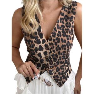 image:imageGORGLITTER Womens Leopard Blazer Vest Tops Button Up Cheetah Print Sleeveless V Neck Waistcoat Country Concert OutfitsCoffee Brown