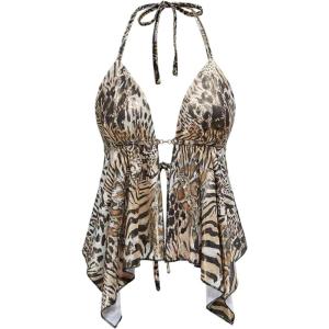 image:imageGORGLITTER Womens Leopard Print Halter Tops Backless Y2K Split Front Open Back Going Out Party Rave Cami Tank TopMulticolor