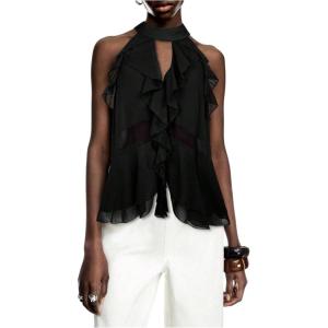 image:imageGORGLITTER Womens Mesh Halter Flowy Tank Tops Ruffle Chiffon Tie Neck Cut Out Brunch Dinner Crop Tops Going Out OutfitsBlack