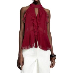 image:imageGORGLITTER Womens Mesh Halter Flowy Tank Tops Ruffle Chiffon Tie Neck Cut Out Brunch Dinner Crop Tops Going Out OutfitsBurgundy