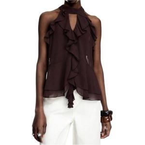 image:imageGORGLITTER Womens Mesh Halter Flowy Tank Tops Ruffle Chiffon Tie Neck Cut Out Brunch Dinner Crop Tops Going Out OutfitsCoffee Brown