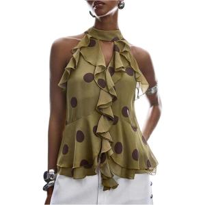 image:imageGORGLITTER Womens Mesh Halter Flowy Tank Tops Ruffle Chiffon Tie Neck Cut Out Brunch Dinner Crop Tops Going Out OutfitsGreen