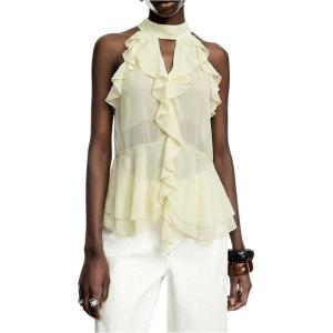image:imageGORGLITTER Womens Mesh Halter Flowy Tank Tops Ruffle Chiffon Tie Neck Cut Out Brunch Dinner Crop Tops Going Out OutfitsLight Yellow
