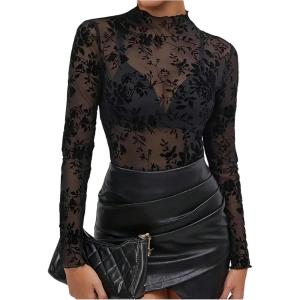 image:imageGORGLITTER Womens Mesh Lace Long Sleeve Tops Sexy Mock Neck Sheer T Shirt Slim Fitted Casual Going Out Tops OutfitsBlack