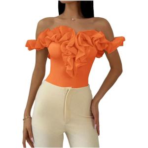 image:imageGORGLITTER Womens Off The Shoulder Ruffle Bodysuit Dressy Elegant Sleeveless Party Thong Body Suit TopsOrange