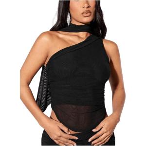 image:imageGORGLITTER Womens One Shoulder Asymmetrical Scarf Top Trendy Y2K Summer Mesh Halter Sleeveless Going Out Crop Tank TopBlack