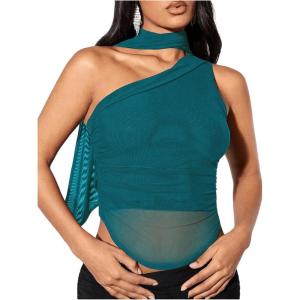 image:imageGORGLITTER Womens One Shoulder Asymmetrical Scarf Top Trendy Y2K Summer Mesh Halter Sleeveless Going Out Crop Tank TopBlue