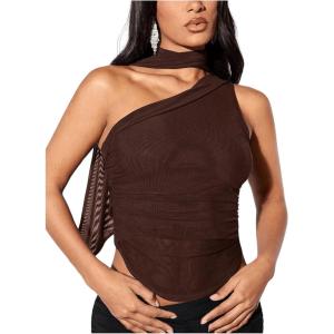 image:imageGORGLITTER Womens One Shoulder Asymmetrical Scarf Top Trendy Y2K Summer Mesh Halter Sleeveless Going Out Crop Tank TopBrown