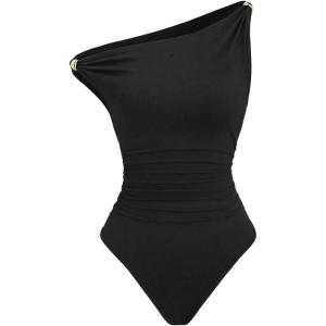 image:imageGORGLITTER Womens One Shoulder Bodysuit Metal Decor Ruched Asymmetrical Neck Sleeveless Leotard ClubwearBlack