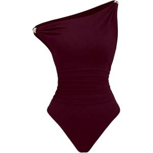image:imageGORGLITTER Womens One Shoulder Bodysuit Metal Decor Ruched Asymmetrical Neck Sleeveless Leotard ClubwearBurgundy