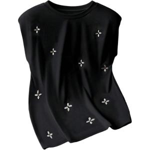 image:imageGORGLITTER Womens Pearl Beaded Top Blouses Casual Dressy Sleeveless Shoulder Pad Tee TShirt Going Out OutfitsBlack Rhinestone