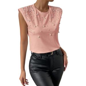 image:imageGORGLITTER Womens Pearl Beaded Top Blouses Casual Dressy Sleeveless Shoulder Pad Tee TShirt Going Out OutfitsPink
