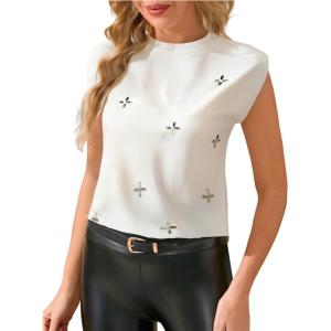 image:imageGORGLITTER Womens Pearl Beaded Top Blouses Casual Dressy Sleeveless Shoulder Pad Tee TShirt Going Out OutfitsWhite Rhinestone