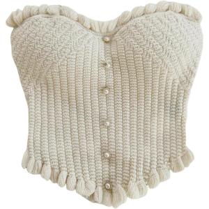 image:imageGORGLITTER Womens Pearl Tube Tops Strapless Beaded Seashell Tops Dressy Summer Ruffle Asymmetrical Knit Crop Top TrendyBeige