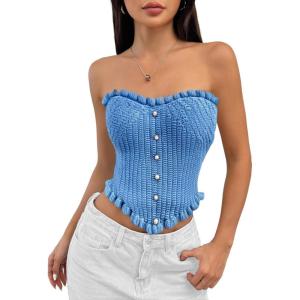 image:imageGORGLITTER Womens Pearl Tube Tops Strapless Beaded Seashell Tops Dressy Summer Ruffle Asymmetrical Knit Crop Top TrendyBlue