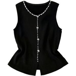 image:imageGORGLITTER Womens Pearls Beaded Vests Dressy Sleeveless V Neck Split Business Casual Tank Tops Quiet Luxury ClothesBlack