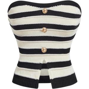 image:imageGORGLITTER Womens Strapless Knit Tube Top Striped Button Up Sleeveless Sweater Dressy Trendy Going Out BandeauBlack and White