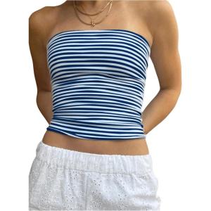 image:imageGORGLITTER Womens Striped Cropped Tube Top Strapless Y2K Bandeau Going Out Cute Crop TopsBlue