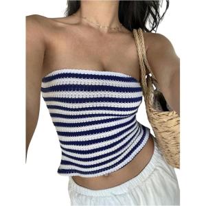 image:imageGORGLITTER Womens Striped Cropped Tube Top Strapless Y2K Bandeau Going Out Cute Crop TopsBlue and White
