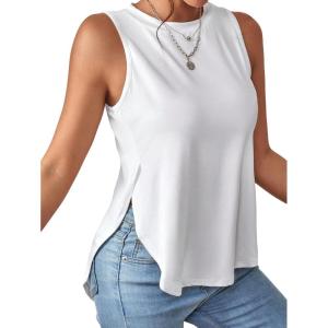 image:imageGORGLITTER Womens Summer Tank Tops Side Split Sleeveless Round Neck Asymmetrical Tee Curved Hem TopWhite