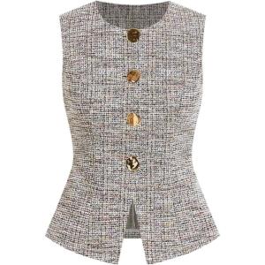 image:imageGORGLITTER Womens Tweed Blazer Vest Tops Sleeveless Square Neck Business Casual Cardigan Vests Western Cowgirl OutfitsGrey Multicolor