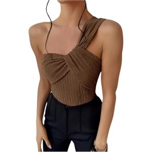 image:imageGORGLITTER Womens Twist Front One Shoulder Bodysuit Sleeveless Backless Asymmetrical Neck Tank Top JumpsuitsBrown