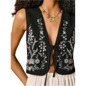 image:imageGORGLITTER Womens Western Crop Vest Tops Boho Floral Embroidered Tie Front Sleeveless Country Concert Cowgirls OutfitsBlack