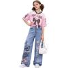 image:imageGORGLITTER Girls Baggy Jeans Denim High Waisted Letter Graphic Print Straight Wide Leg Cargo Joggers PantsLight Wash
