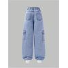 image:imageGORGLITTER Girls Baggy Jeans Denim High Waisted Letter Graphic Print Straight Wide Leg Cargo Joggers PantsLight Wash