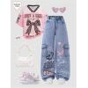 image:imageGORGLITTER Girls Baggy Jeans Denim High Waisted Letter Graphic Print Straight Wide Leg Cargo Joggers PantsLight Wash