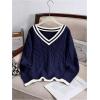 image:imageGORGLITTER Girls Cable Knit Sweater Striped Trim V Neck Long Sleeve Preppy PulloverDark Blue