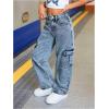 image:imageGORGLITTER Girls Cargo Jeans Elastic High Waisted Wide Leg Baggy Denim Pants with Pockets StreetwearBlue
