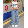 image:imageGORGLITTER Girls Cargo Jeans Elastic High Waisted Wide Leg Baggy Denim Pants with Pockets StreetwearBlue