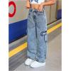 image:imageGORGLITTER Girls Cargo Jeans Elastic High Waisted Wide Leg Baggy Denim Pants with Pockets StreetwearBlue