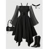 image:imageGORGLITTER Girls Dress Fall Y2K Off Shoulder Mesh Long Sleeve Lace Up Gothic A Line Party Birthday Prom Short DressesBlack