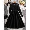 image:imageGORGLITTER Girls Dresses Y2K Mesh Mock Neck Long Sleeve Leather Birthday Cocktail Party Formal Prom Patchwork Midi DressBlack