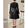 image:imageGORGLITTER Girls Fall Dresses Leather Long Sleeve Bow Belted Birthday Cocktail Party Formal Prom Patchwork Midi DressBlack