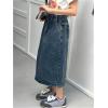 image:imageGORGLITTER Girls Jean Denim Skirt Cute Trendy Y2k Side Slit Elastic High Waisted A Line Midi Maxi Skirts with PocketDark Wash