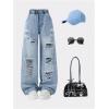 image:imageGORGLITTER Girls Wide Leg Baggy Jeans Cute High Waist Ripped Distressed Elastic Denim Pants Bottoms with PocketsLight Blue