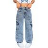 image:imageGORGLITTER Girls Cargo Jeans Elastic High Waisted Wide Leg Baggy Denim Pants with Pockets StreetwearBlue
