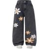 image:imageGORGLITTER Girls Floral Baggy Wide Leg Jeans Y2K Zipper Fly Washed Denim Pants with PocketsBlack