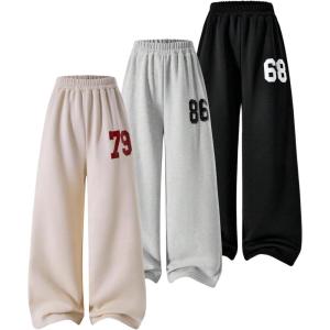 image:imageGORGLITTER Girls 3 Pack Wide Leg Baggy Sweatpants Y2K Graphic High Waisted Casual Track Pants Rave BottomsBlack Grey Khaki