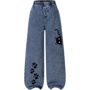 image:imageGORGLITTER Girls Baggy Jeans Cat Print Wide Leg Denim Pants Athletic Cargo Pants StreetwearMedium Wash