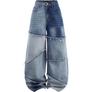 image:imageGORGLITTER Girls Baggy Jeans Cute Trendy Wide Leg High Waist Denim Color Block Raw Trim Loose Denim Pants Long TrousersMedium Wash