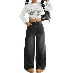 image:imageGORGLITTER Girls Baggy Jeans Cute Wide Leg Denim Elastic High Waisted Pants Bottoms Trousers with PocketsBlack Washed
