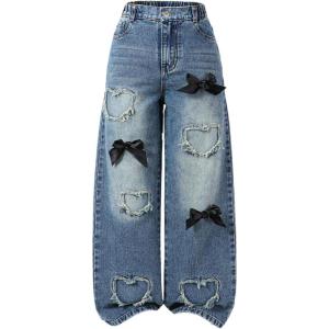 image:imageGORGLITTER Girls Baggy Jeans Cute Y2K Bow Graphic High Waisted Wide Leg Raw Trim Elastic Denim Pants Skater TrousersMedium Wash