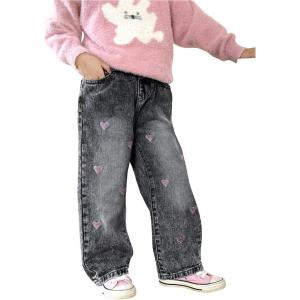 image:imageGORGLITTER Girls Baggy Jeans Denim High Waisted Heart Graphic Print Straight Wide Leg Cargo Joggers PantsBlack