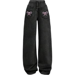 image:imageGORGLITTER Girls Baggy Wide Leg Jeans Bow Cute Elastic High Waisted Denim Pants Bottoms with PocketsBlack